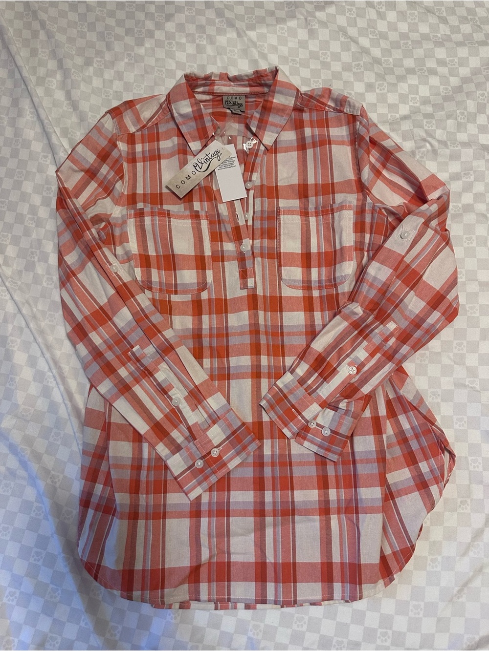 Como Vintage Plaid Henley Tunic Blouse - Orange & White